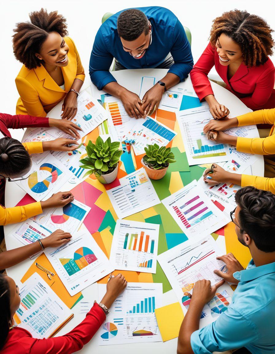 A vibrant scene showcasing a diverse group of people joyfully discussing budgeting and money management strategies around a large, colorful table filled with charts, calculators, and money-saving jars. Incorporate cheerful expressions and diverse cultural attire to emphasize empowerment and collaboration. Surround the scene with soft greenery to symbolize growth and prosperity. super-realistic. vibrant colors. white background.