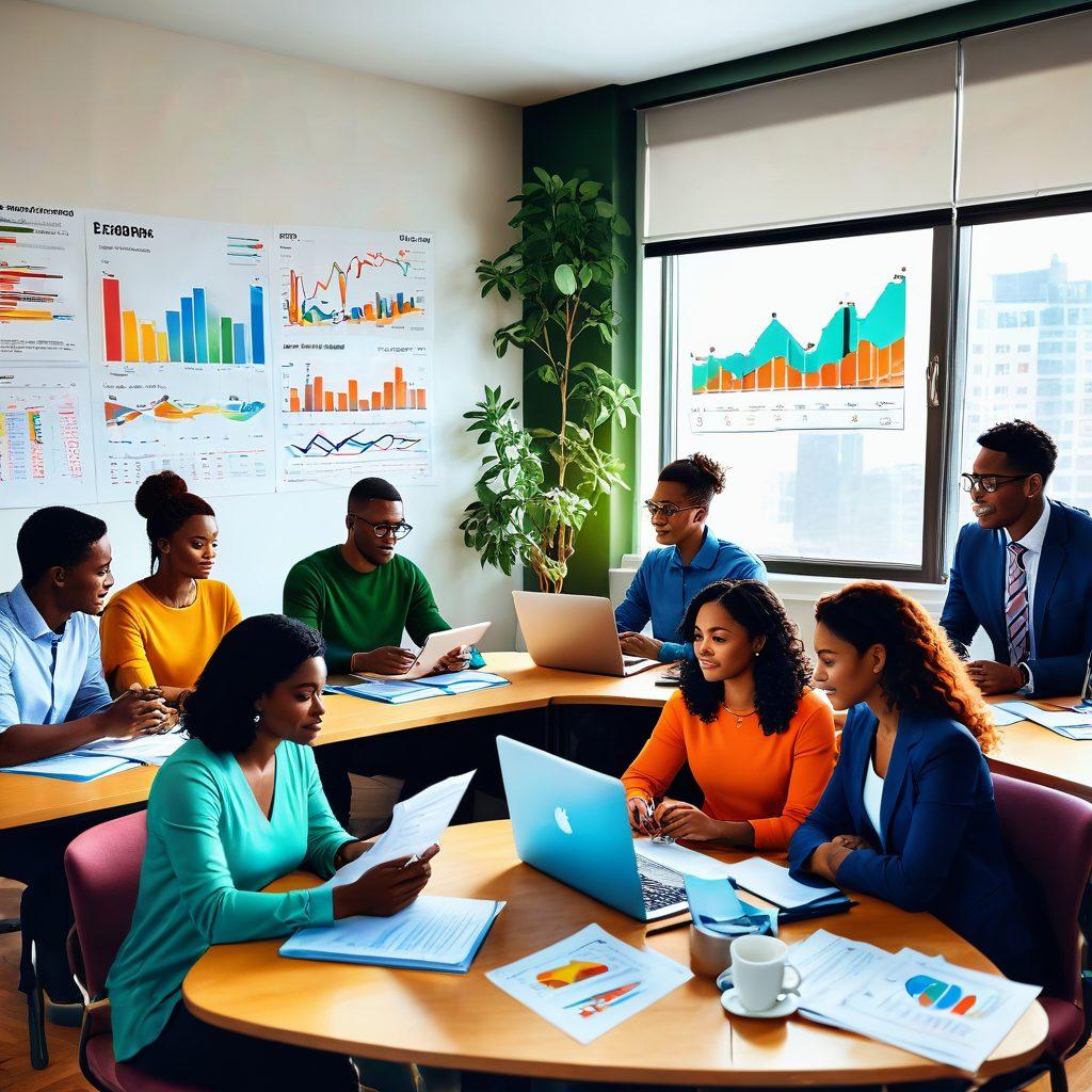 A vibrant and uplifting illustration showing a diverse group of individuals in a cozy, modern financial consulting office, engaged in discussions around a large table filled with financial documents, laptops, and charts. Floating above them are thought bubbles filled with symbols of credit scores, coins, and upward-trending graphs, representing fiscal empowerment and financial health. The atmosphere should convey optimism and collaboration, with warm lighting and greenery in the background. bright colors. modern digital art.
